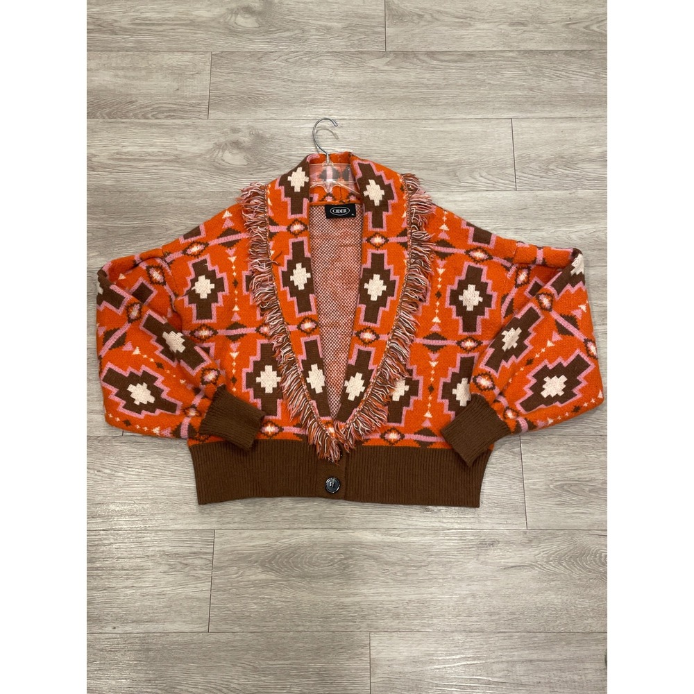 Cider Womens Southwestern Cardigan Boho Aztec Colorful Sweater Fringe Size XL